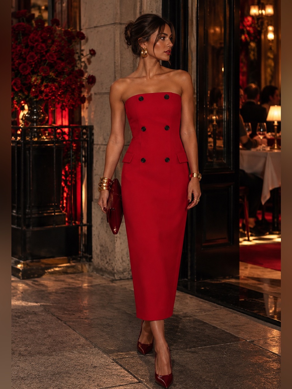 Zara Red Strapless Double Breasted Midi Dress Size M-Very Good Condition❤️